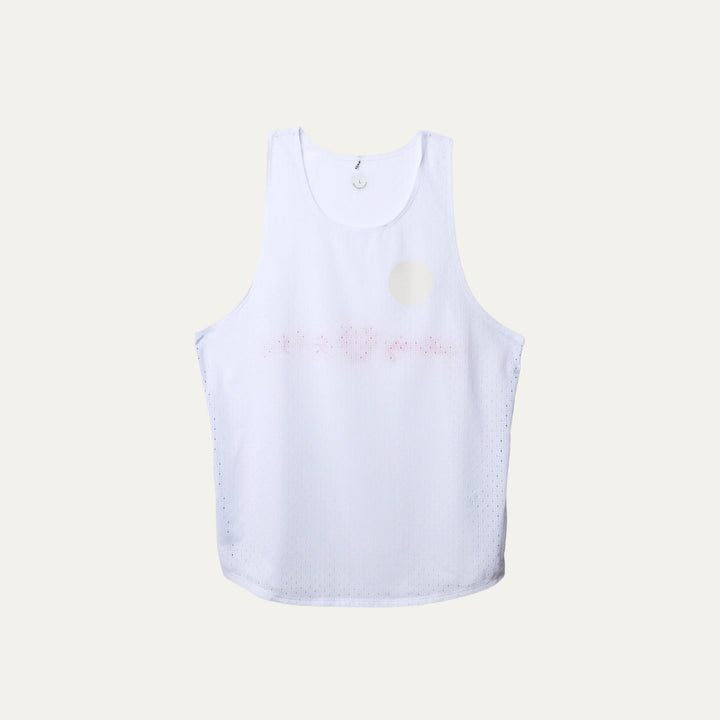 White running singlet from Participation with Good Running graphic, lightweight breathable construction and clean functional design, photographed in a neutral studio setting.