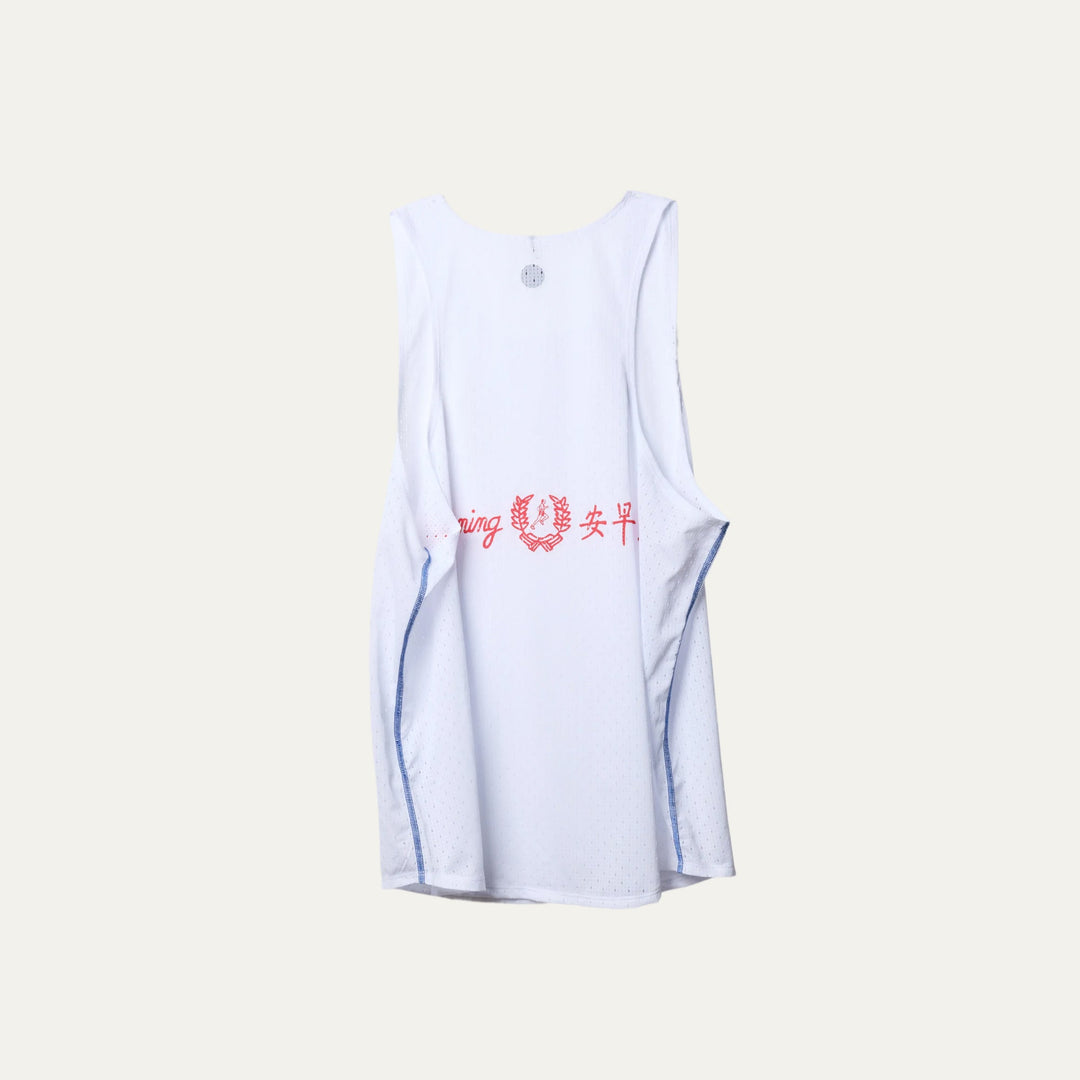 White running singlet from Participation with Good Running graphic, lightweight breathable construction and clean functional design, photographed in a neutral studio setting.