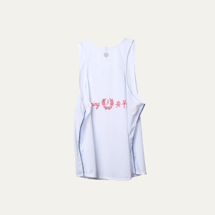 White running singlet from Participation with Good Running graphic, lightweight breathable construction and clean functional design, photographed in a neutral studio setting.