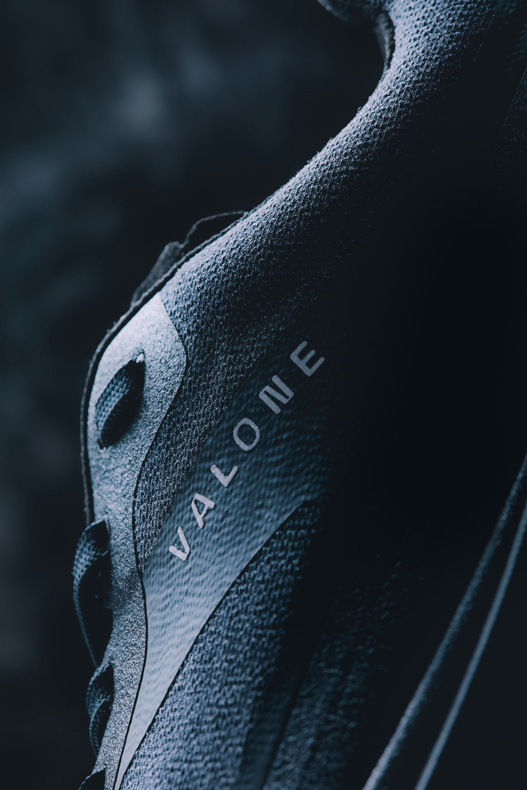 Detail of the black Valone Rave Arnev, technical trail running shoe made in Europe