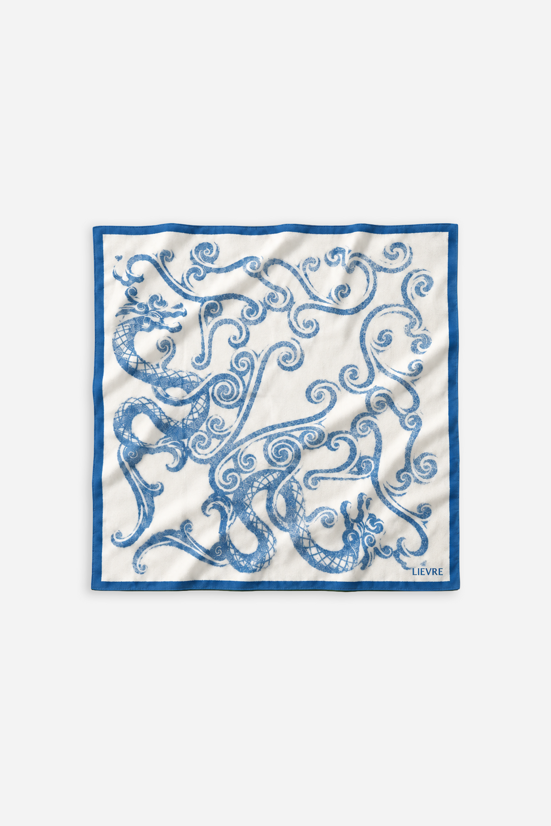 Lievre Running Indigo Dragon Gavroche, lightweight running bandana with bold all-over dragon illustration, versatile wear as headband, neck wrap or wrist tie.