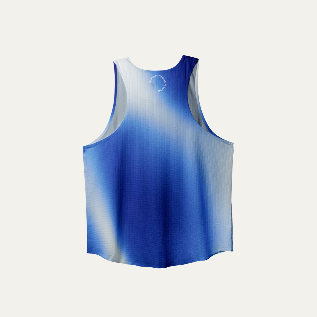 Limited Edition Participation Koureur Running Singlet in blue with white accents displayed on a hanger.