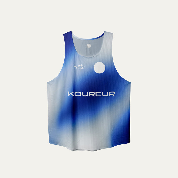 Limited Edition Participation Koureur Running Singlet in blue with white accents displayed on a hanger.
