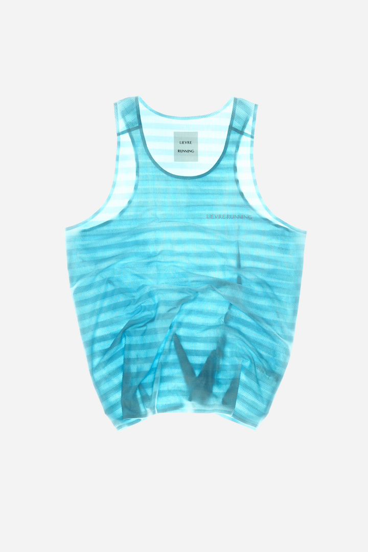 Lievre Running Sky Blue Singlet, 180g breathable stretch fabric cut sleeveless for maximum airflow, performance fit for warm-weather running and race days.