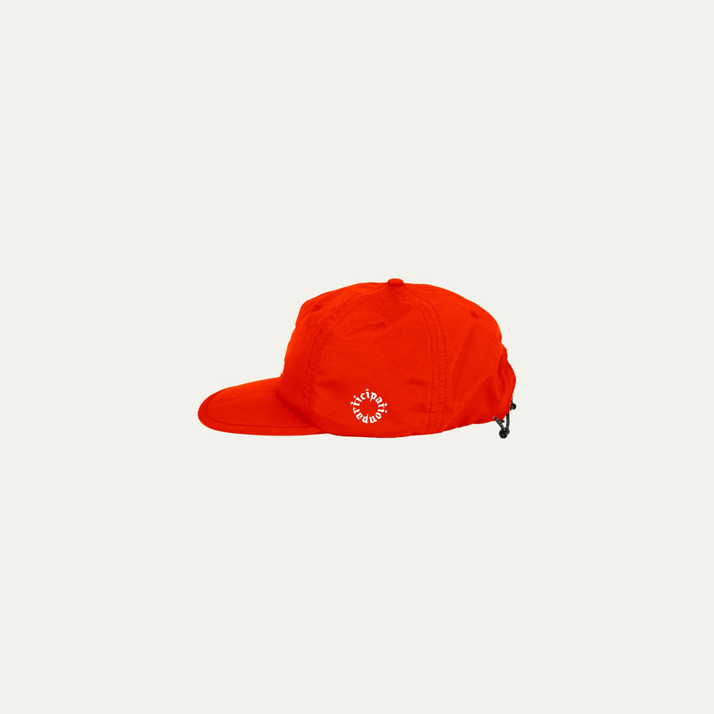 Participation Local Legend cap, bright red 5-panel with curved brim and white “local legend” embroidery.