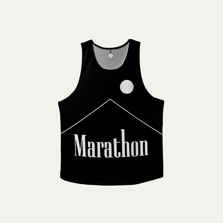 A black Marlboro singlet featuring a breathable design for running and workouts, made from lightweight polyester and spandex.