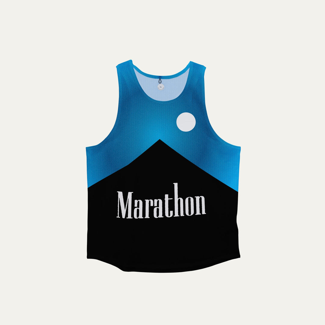 Participation Marlboro Menthol Marathon singlet, breathable mesh, blue-to-black color block, “Marathon” text, white circle logo on chest.