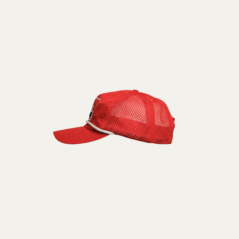 Red running cap from Participation with breathable mesh panels, lightweight construction designed for training and racing, photographed in a neutral studio setting.