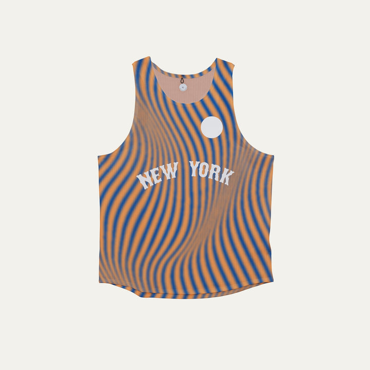 Participation New York singlet, breathable mesh, blue–orange wavy stripes, white circle logo and “NEW YORK” text on front.