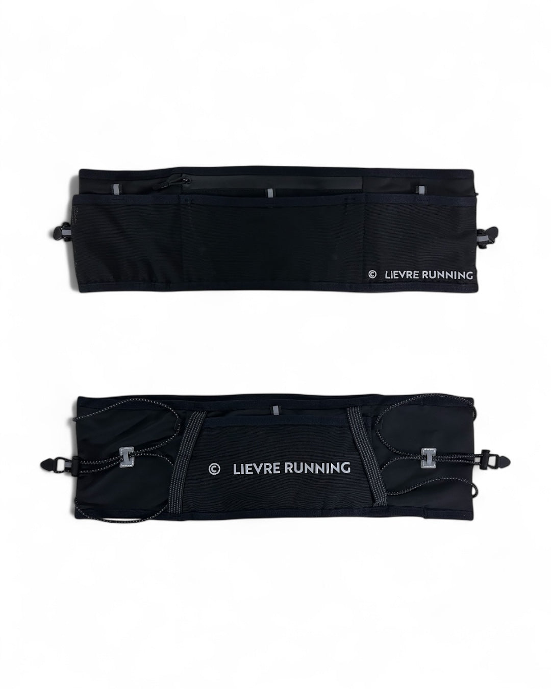 Lievre Running black ultra running belt, stretch technical fabric with multiple compartments, bungee cord system and white Lievre Running logo on front and back.