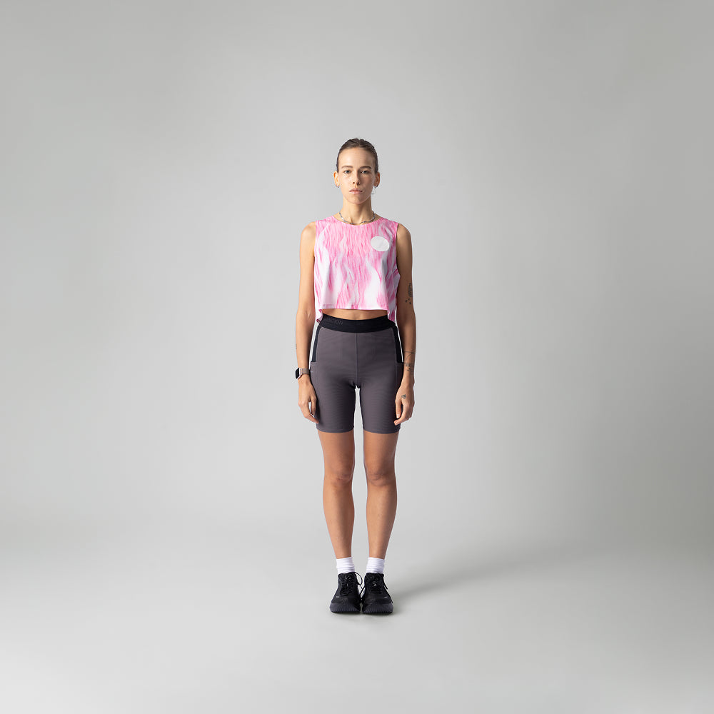 Participation Pink Fuzz Crop Singlet in pink and white with flame design, suitable for activewear.
