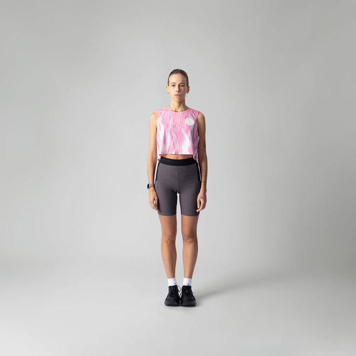 Participation Pink Fuzz Crop Singlet in pink and white with flame design, suitable for activewear.
