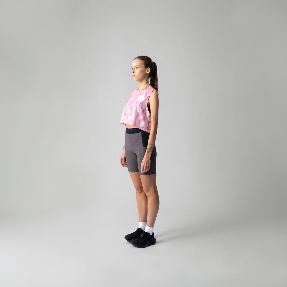 Participation Pink Fuzz Crop Singlet in pink and white with flame design, suitable for activewear.