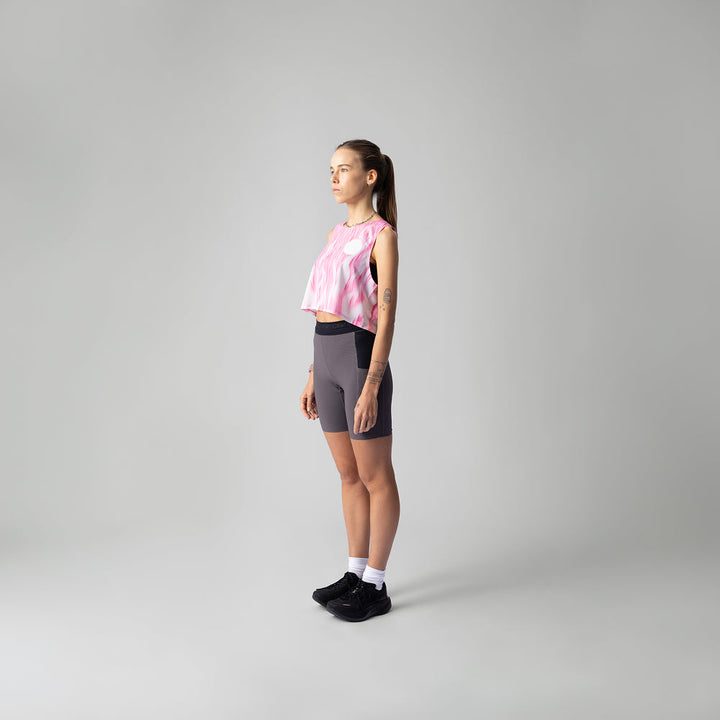 Participation Pink Fuzz Crop Singlet in pink and white with flame design, suitable for activewear.