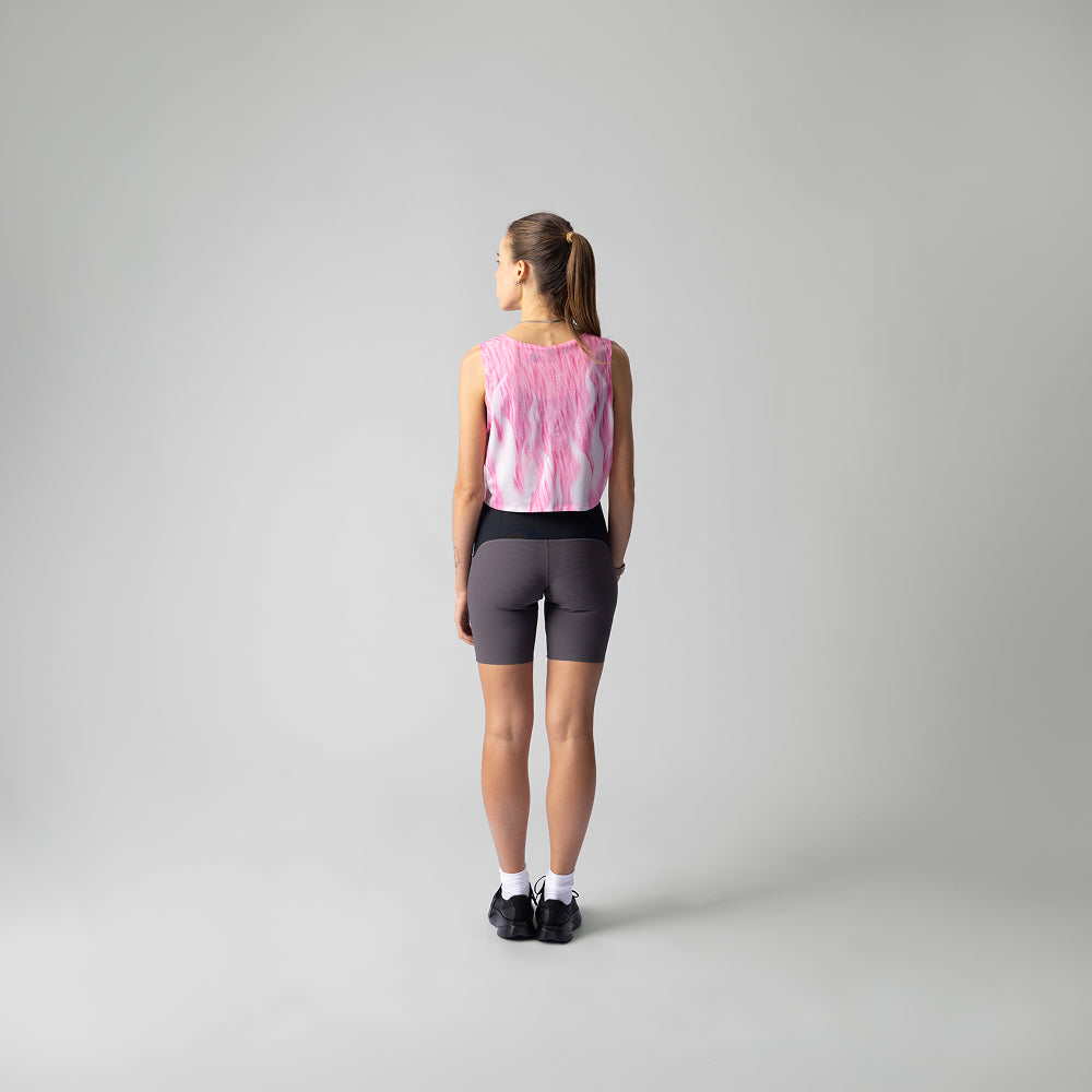 Participation Pink Fuzz Crop Singlet in pink and white with flame design, suitable for activewear.