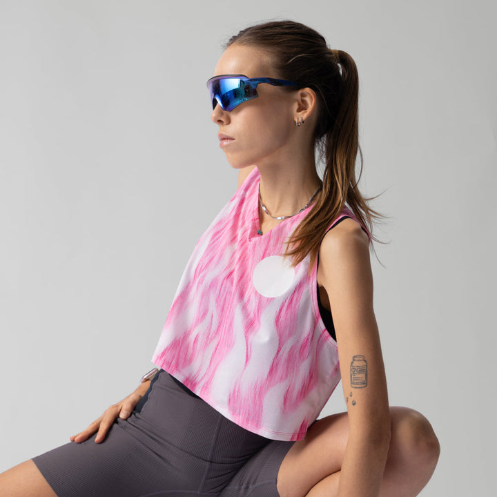 Participation Pink Fuzz Crop Singlet in pink and white with flame design, suitable for activewear.