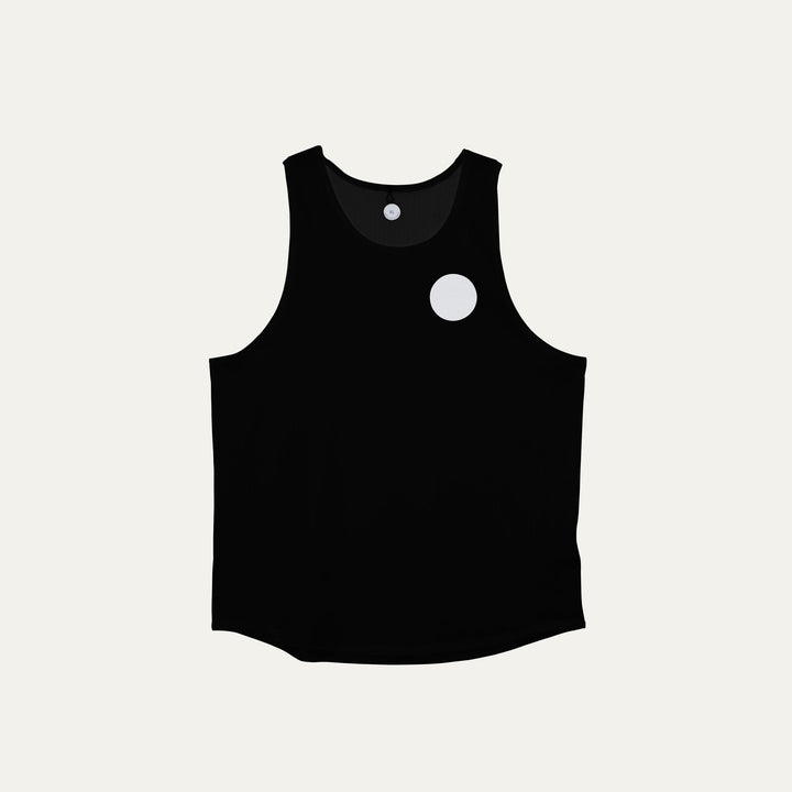 Participation black singlet, breathable mesh, white circle logo on chest.