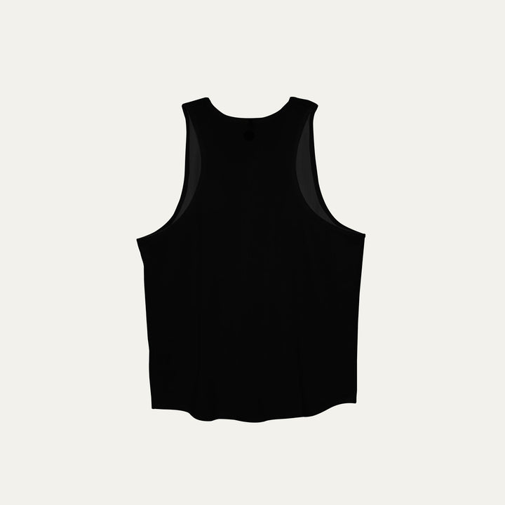 Participation black singlet, breathable mesh, white circle logo on chest.
