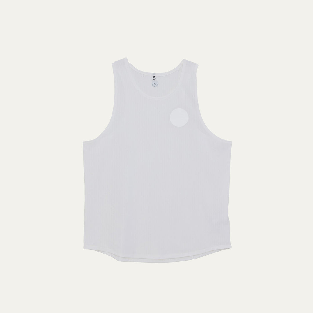 Participation white running singlet, breathable mesh, minimalist plain design, white circle logo on chest.