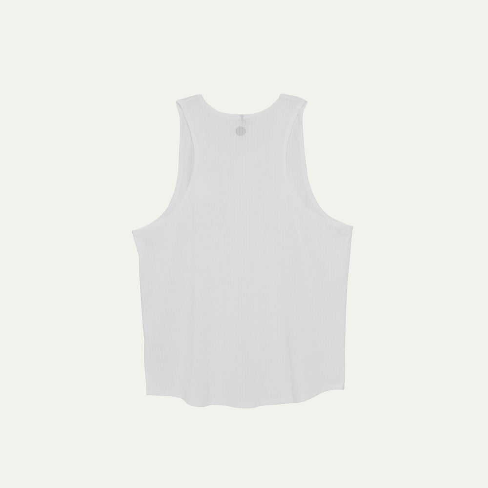 Participation white running singlet, breathable mesh, minimalist plain design, white circle logo on chest.