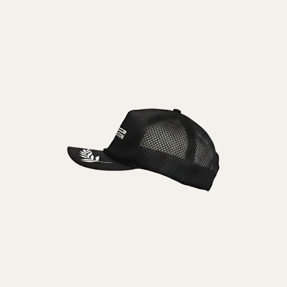 Black running cap from Participation with breathable mesh panels, lightweight design for training and racing, photographed in a neutral studio setting.