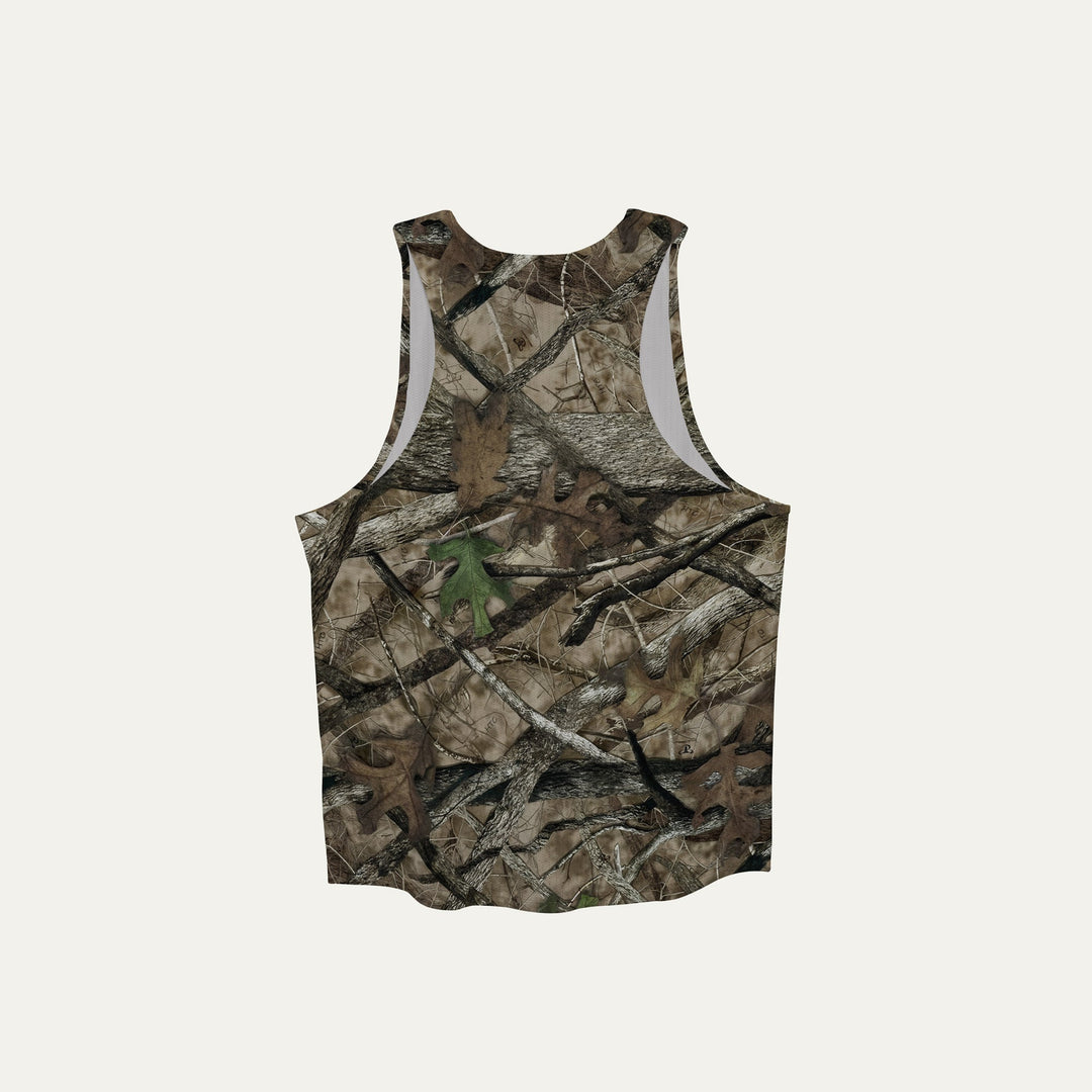 Participation Real Tree singlet, breathable mesh, camo forest print, white circle logo on chest.
