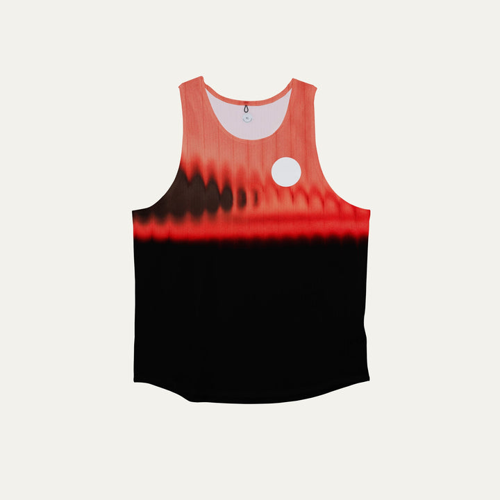 Participation Red Glass running singlet, breathable mesh, red-black gradient, white circle logo on chest.