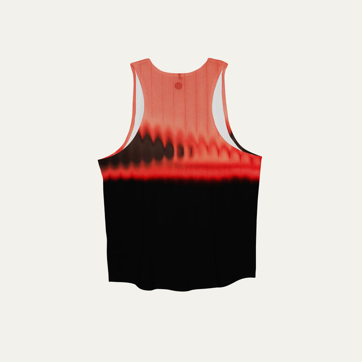 Participation Red Glass running singlet, breathable mesh, red-black gradient, white circle logo on chest.