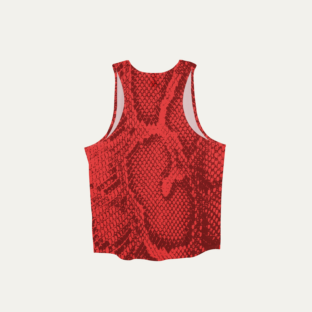 Participation Red Snake Scale singlet, breathable mesh, red snakeskin print, white circle logo on chest.