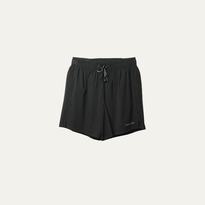 Plain black running shorts from Participation, minimalist design with balanced storage and integrated liner, photographed in a neutral studio setting.