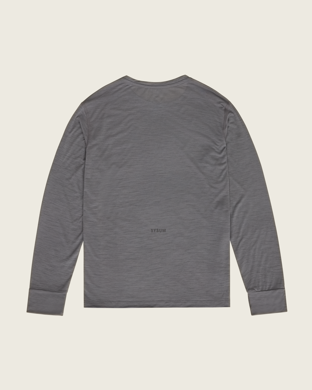 Men’s merino long-sleeve running top in Slate from Sysum, lightweight knit visible, photographed in a neutral studio setting.