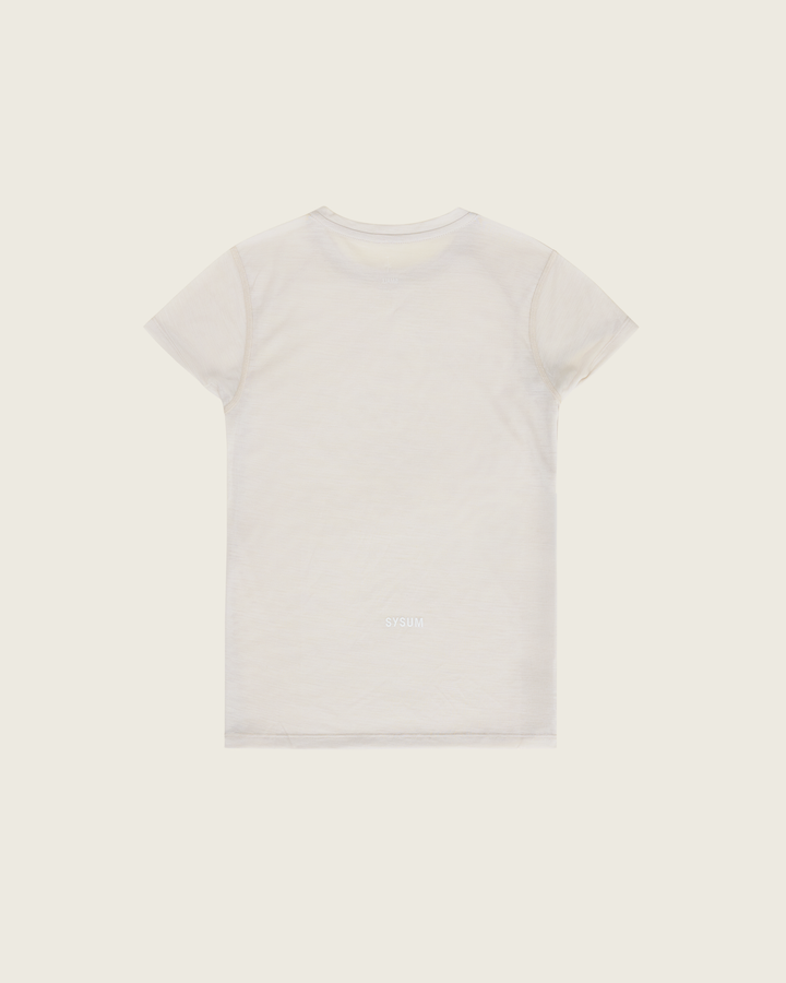 Women’s ultra-light merino short-sleeve running tee in Pebble from Sysum, fine knit texture visible, photographed in a neutral studio setting.