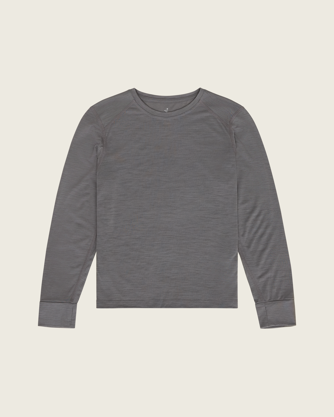 Women’s merino long-sleeve running top in Slate from Sysum, lightweight knit texture visible, photographed in a neutral studio setting.