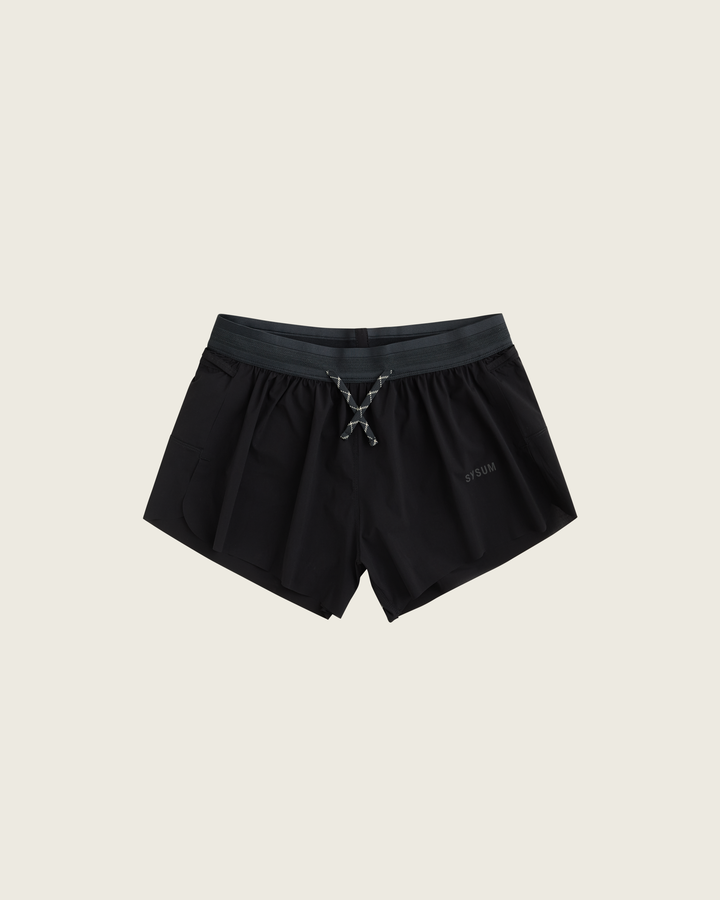 Women’s 3-inch Cordura® trail running shorts in Black from Sysum, ultra-light stretch fabric and pocket system visible, photographed in a neutral studio setting.
