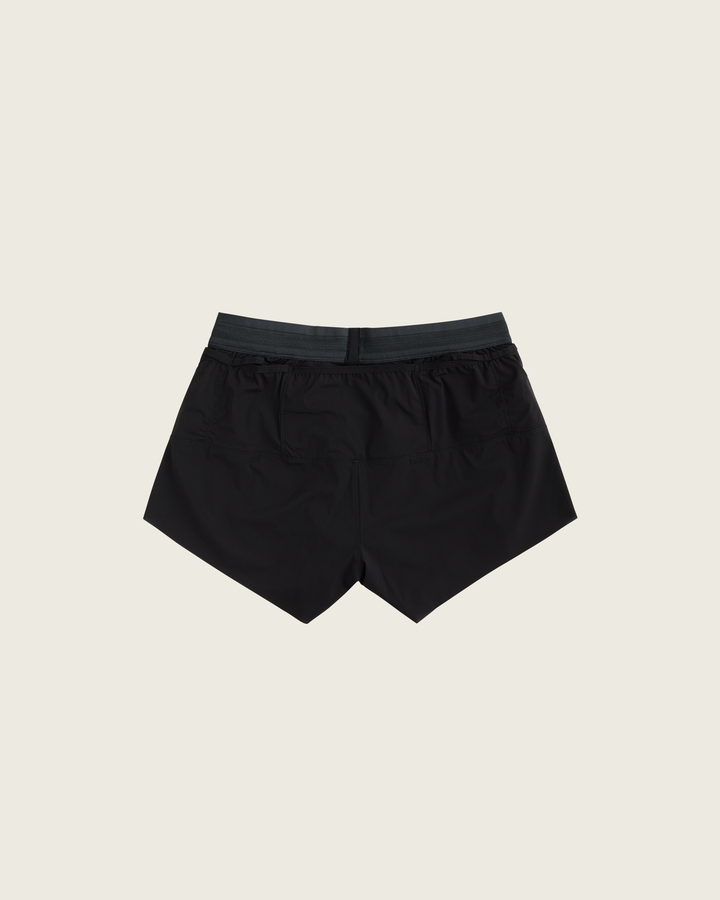 Women’s 3-inch Cordura® trail running shorts in Black from Sysum, ultra-light stretch fabric and pocket system visible, photographed in a neutral studio setting.