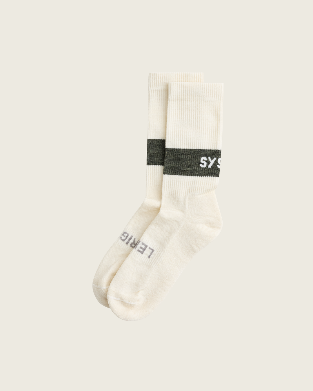 Woollen crew running socks in Moss from Sysum, mid-length design with cushioned zones and textured knit visible, photographed in a neutral studio setting.