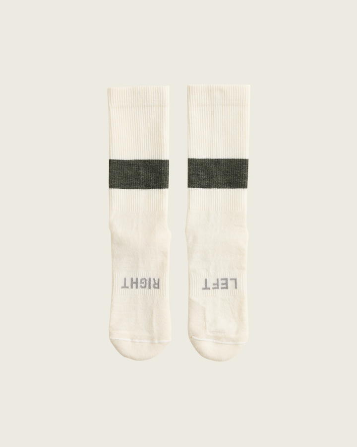 Woollen crew running socks in Moss from Sysum, mid-length design with cushioned zones and textured knit visible, photographed in a neutral studio setting.