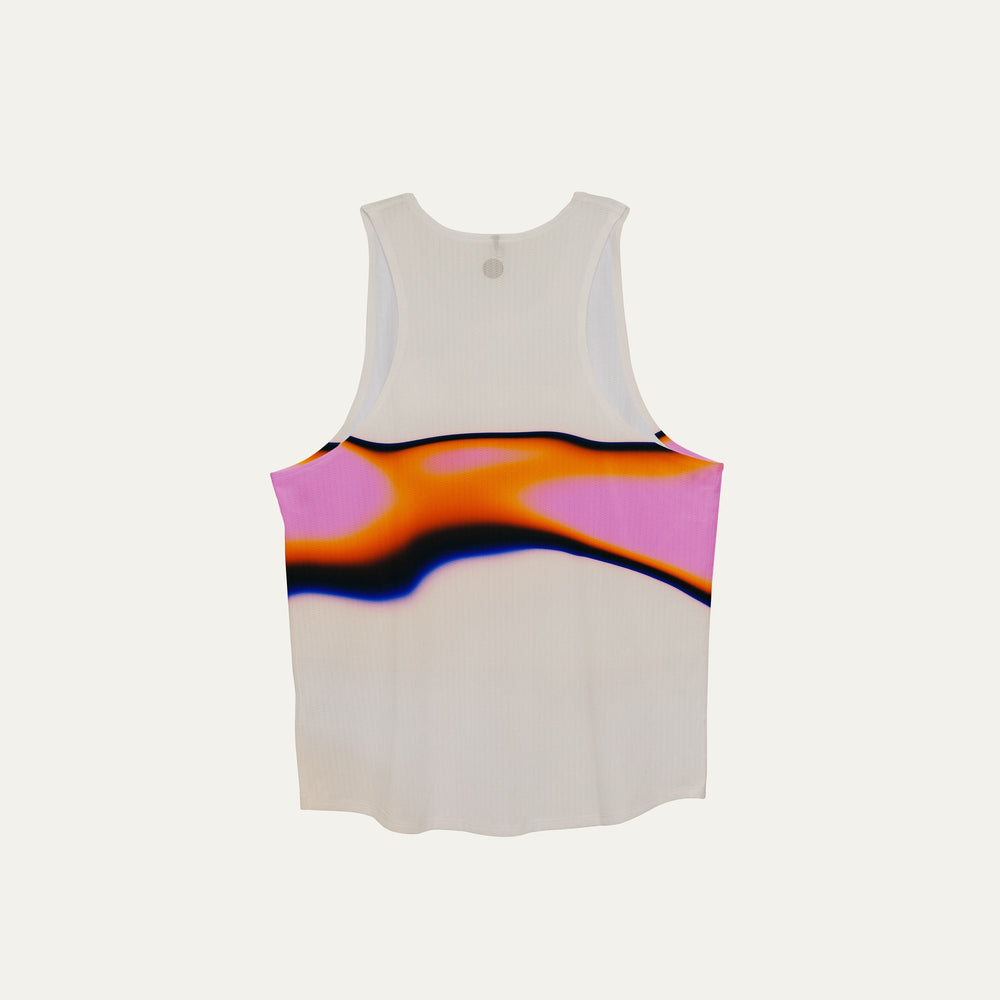 Pink gradient running singlet from Participation, lightweight polyester construction designed for warm-weather training, photographed in a neutral studio setting.