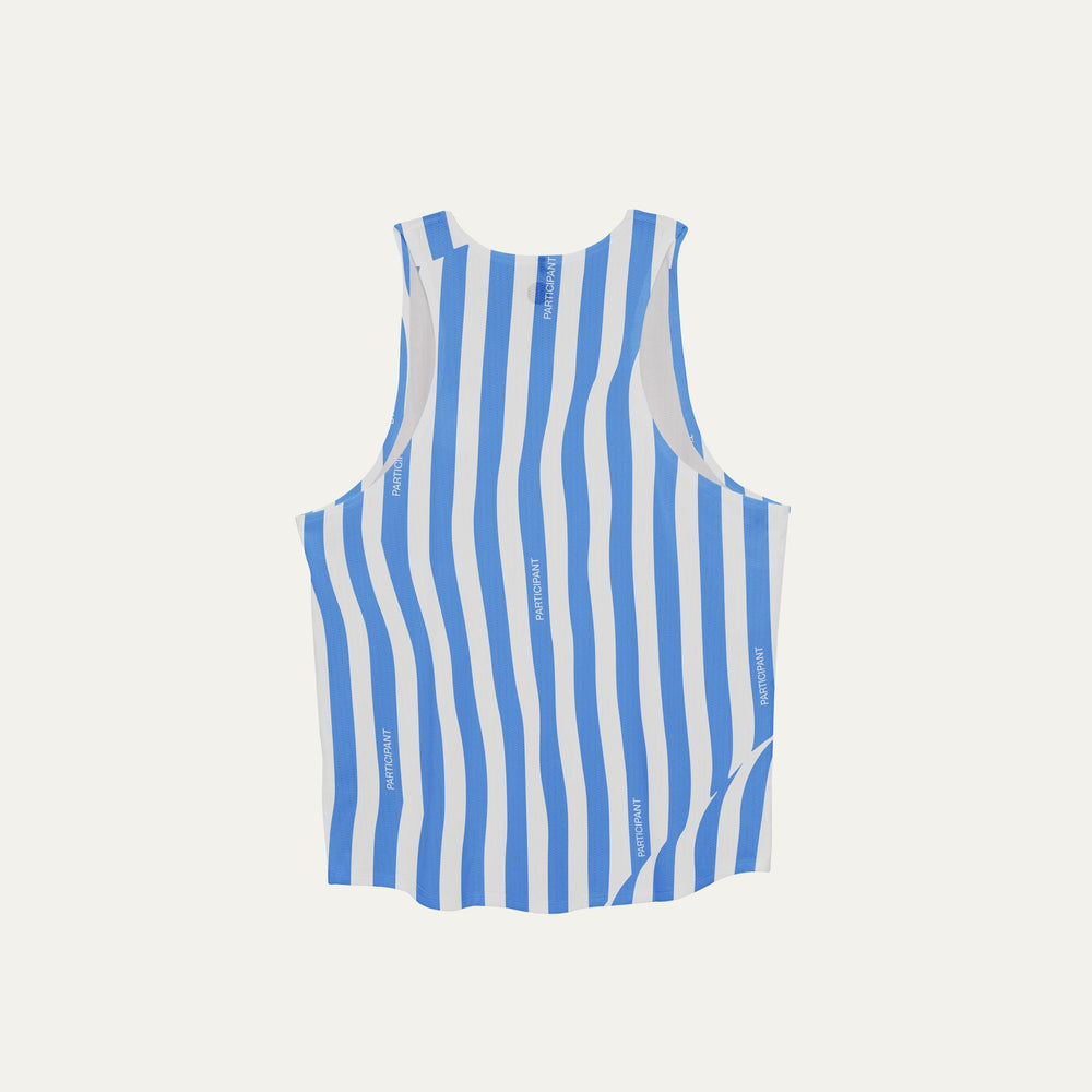 Blue running singlet from Participation featuring straight stripe detailing, lightweight polyester fabric for training and racing, photographed in a neutral studio setting.
