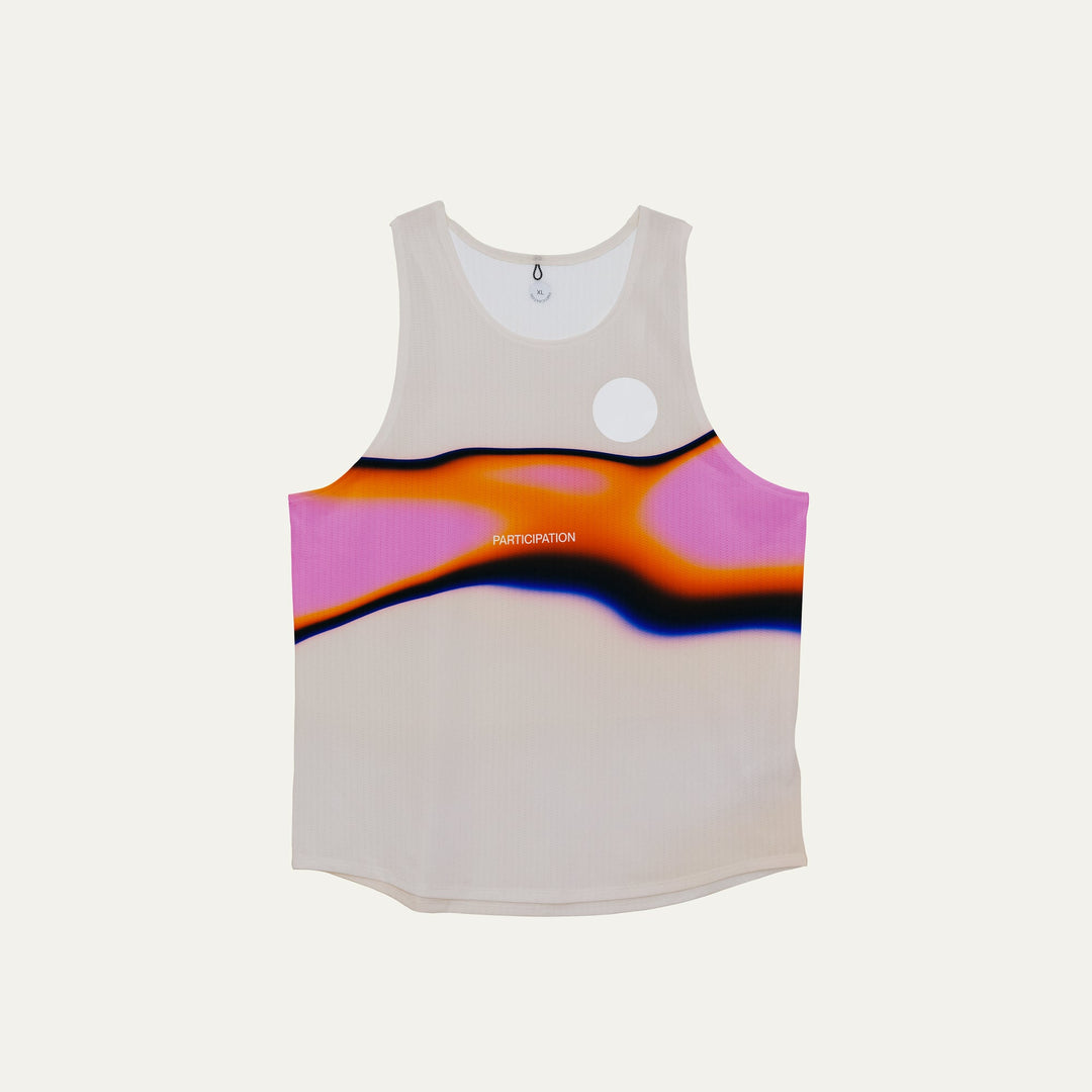 Pink gradient running singlet from Participation, lightweight polyester construction designed for warm-weather training, photographed in a neutral studio setting.