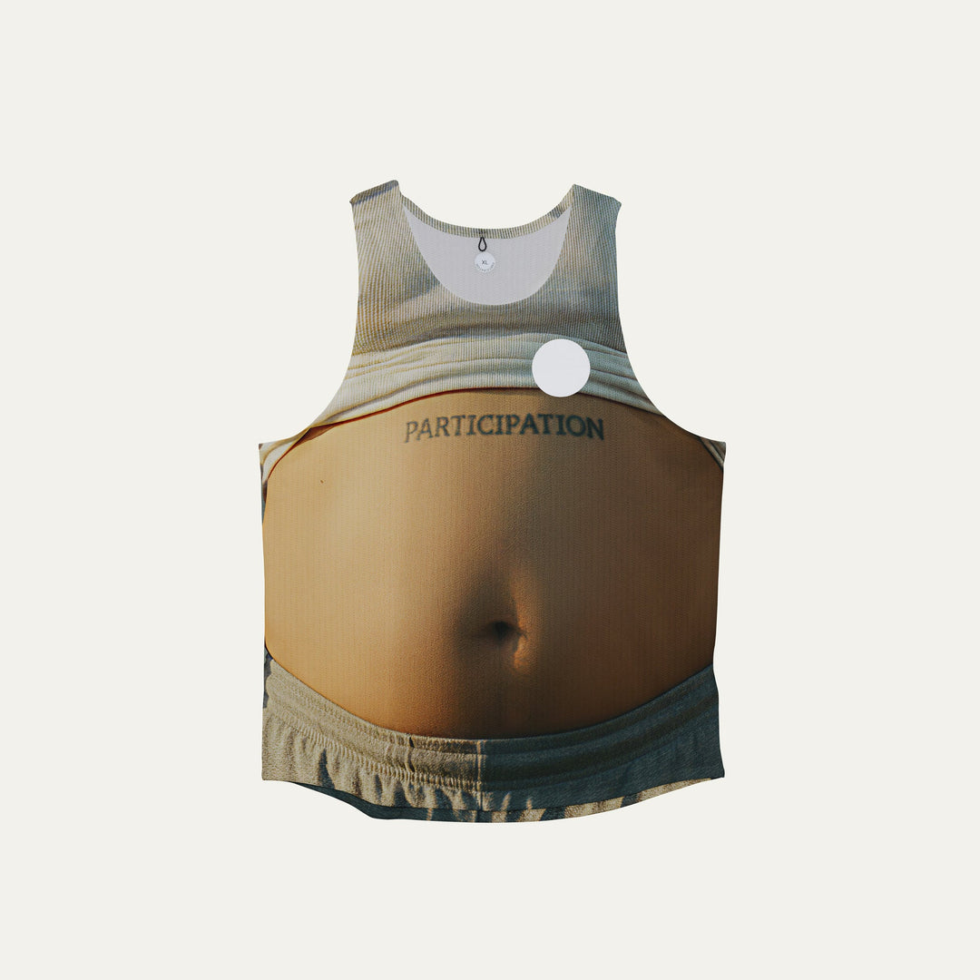 Running singlet from Participation with Beijing Bikini graphic design, lightweight polyester fabric for warm-weather running, photographed in a neutral studio setting.