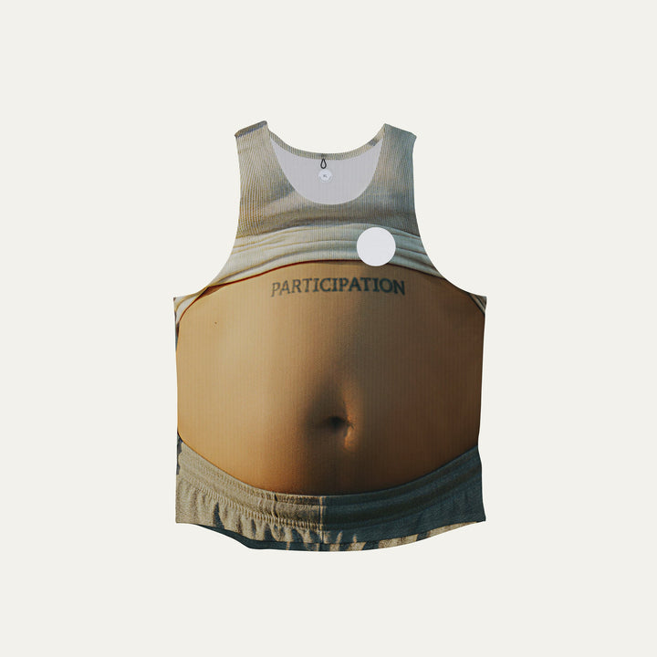 Running singlet from Participation with Beijing Bikini graphic design, lightweight polyester fabric for warm-weather running, photographed in a neutral studio setting.