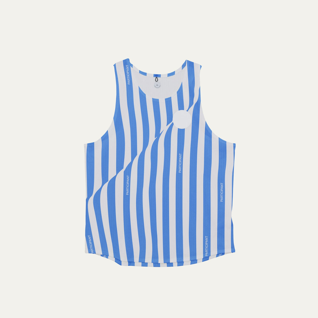 Blue running singlet from Participation featuring straight stripe detailing, lightweight polyester fabric for training and racing, photographed in a neutral studio setting.
