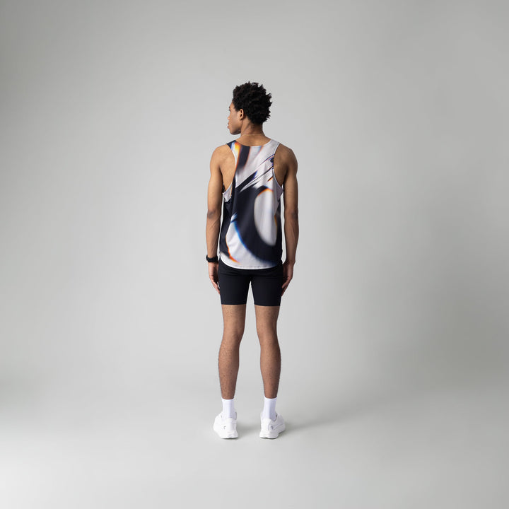 A stylish white glass effect singlet for activewear, showcasing breathable fabric and a sleeveless design.