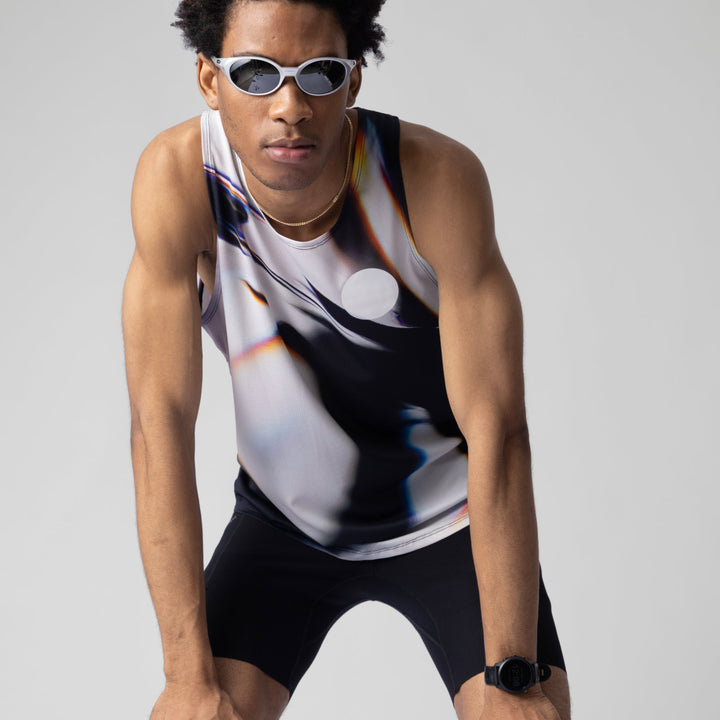 A stylish white glass effect singlet for activewear, showcasing breathable fabric and a sleeveless design.