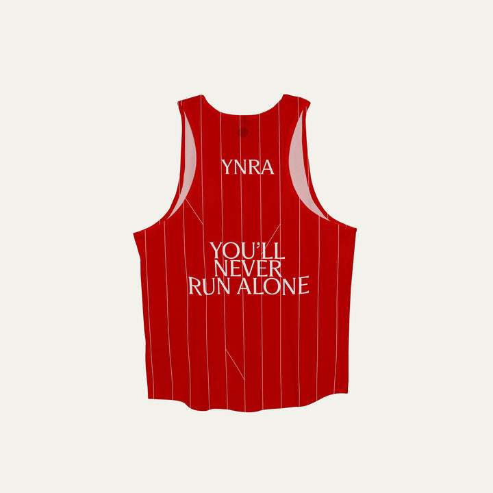 A red Participation singlet featuring a lightweight design and moisture-wicking fabric, ideal for running.