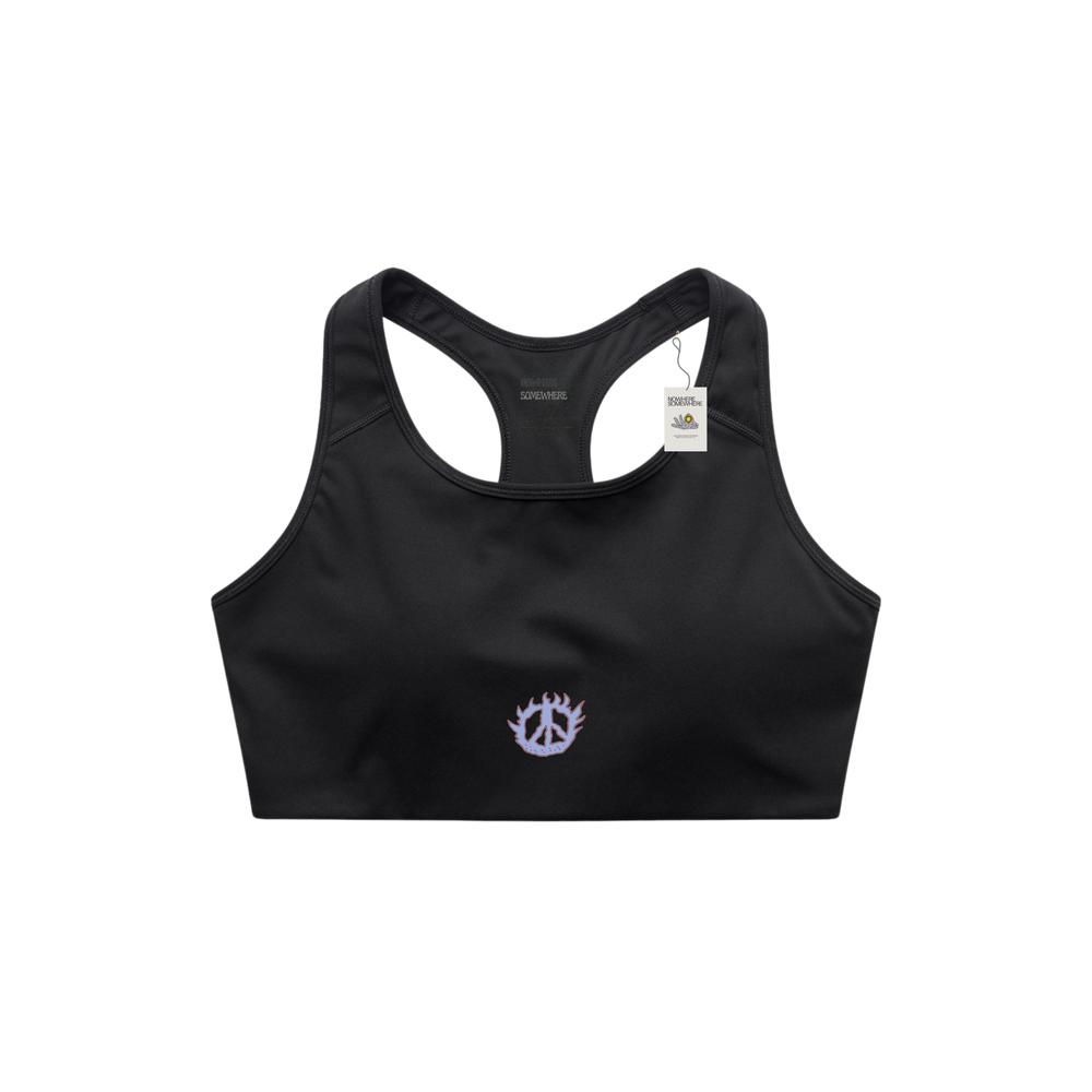 Nowhere Somewhere The Run Bra in jet black featuring minimalist racerback fit and moisture-wicking fabric