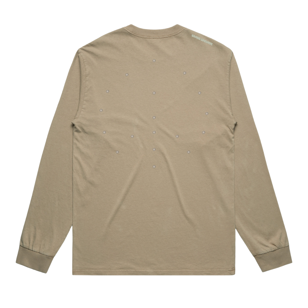 Nowhere Somewhere Antelope Long Sleeve Tee in khaki with boxy fit and PEACEBREATHE graphic