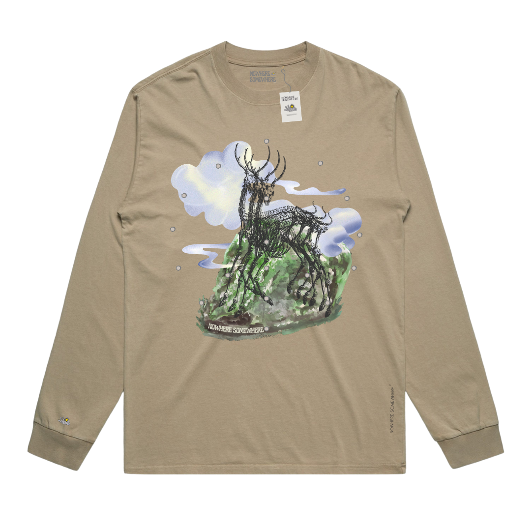 Nowhere Somewhere Antelope Long Sleeve Tee in khaki with boxy fit and PEACEBREATHE graphic