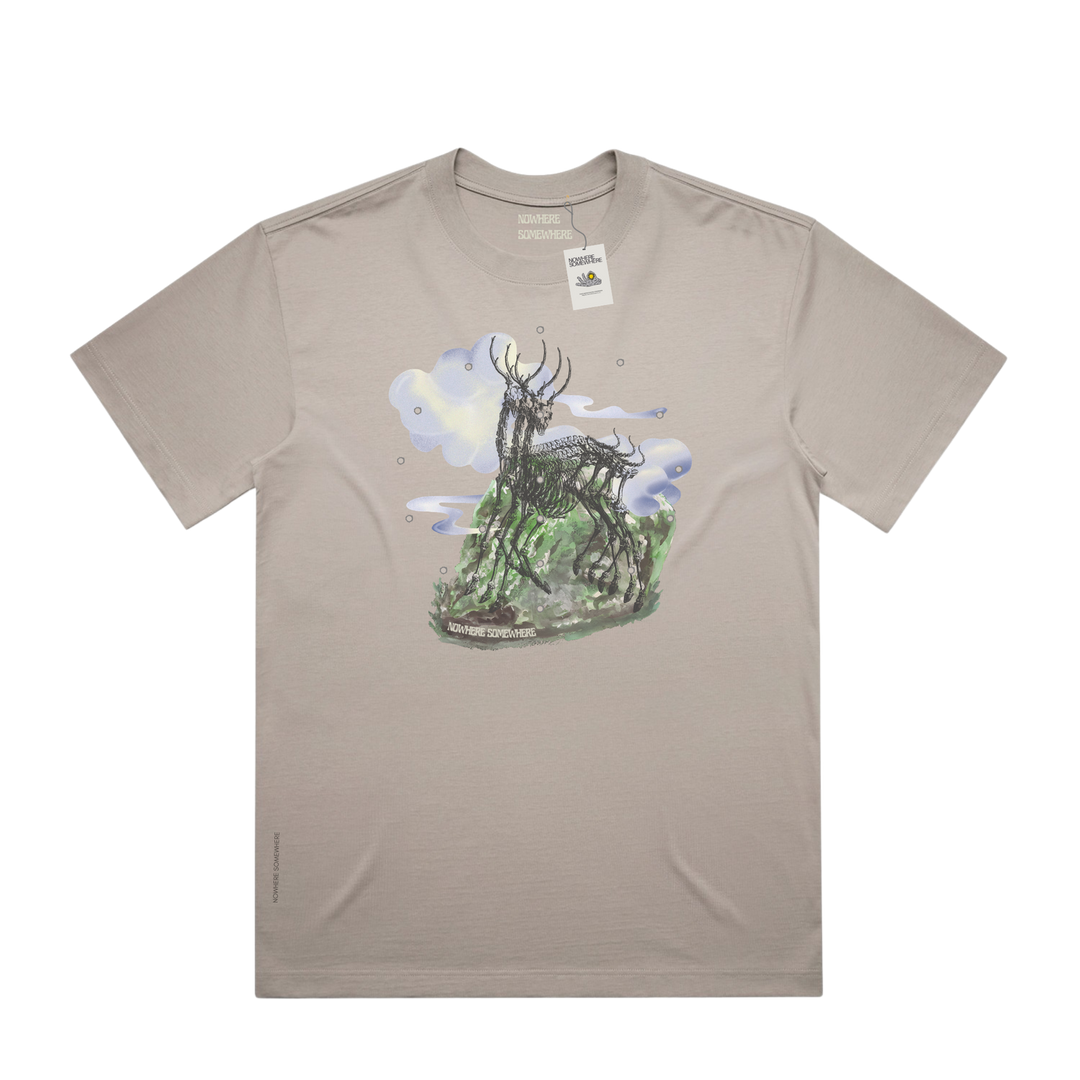Nowhere Somewhere Antelope Tee in mushroom colour with boxy fit and wide neck ribbing
